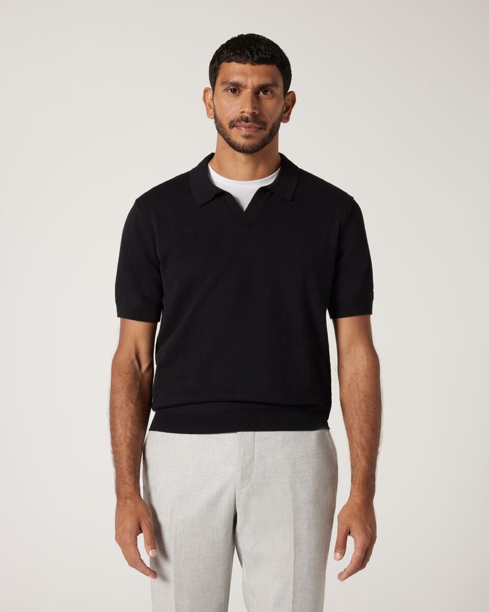 Short Sleeve Trophy Neck Knit, Black, hi-res